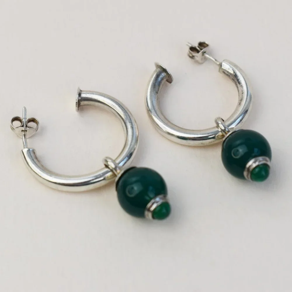 Forest green charm hoop earrings sterling silver, basic medium chunky hoop studs
